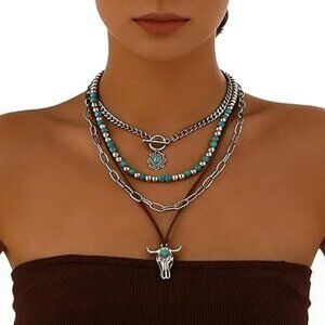 Boho Turquoise Beaded Layered Necklace Cow Pendant Western Rodeo Elegant